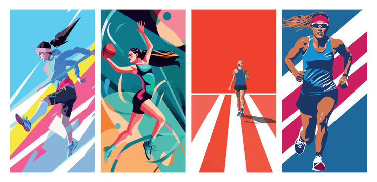 Group of people running on colorful background, poster set.