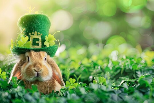 St Patrick's Day brown bunny wearing a leprechaun hat in a field of clovers