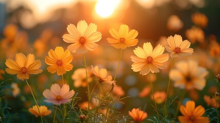 Abstract soft focus sunset field landscape of yellow flowers and grass meadow warm golden hour sunset sunrise time. Tranquil spring summer nature closeup.