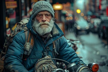 Fototapeta premium A rugged man with a bushy beard and a worn leather jacket rides his sleek motorcycle through the bustling city streets, the wind in his face and the roar of the engine echoing off the buildings
