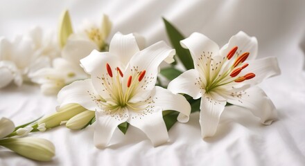 Lily flower on white cotton fabric cloth backgrounds