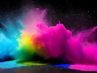 Holi paint rainbow multi colored powder explosion on black background, Abstract 3d explosion wallpaper