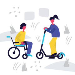 Diversity and Inclusion: women in wheelchair and on scooter. Electrical transport. physically disabled person in electric wheelchair rides through park with her friend. Vector illustration