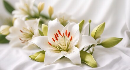 Lily flower on white cotton fabric cloth backgrounds