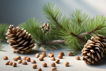 Pine cones and pine nuts with a green cedar branch on a light background. Playground AI platform