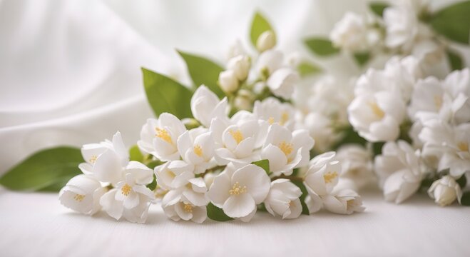 Jasmine flower on white cotton fabric cloth backgrounds