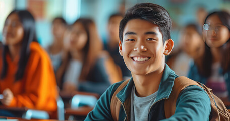 Happy Asian Teenager at School
 - obrazy, fototapety, plakaty
