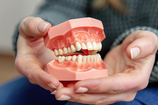 human hands hold a mock-up of a human jaw. Medicine.