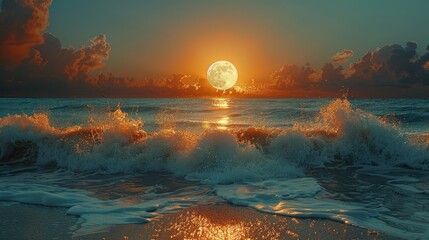 Full moon over the sea at sunset - obrazy, fototapety, plakaty