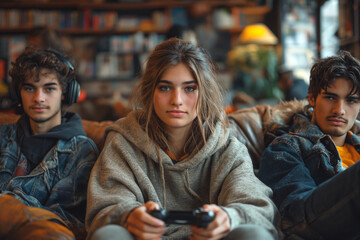 Friends enjoying video game at home
