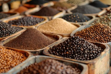 A variety of food, spices on the market. Close-up.