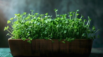 Closeup of vibrant green microgreen sprouts in pot illuminated by artificial light. Modern indoor organic gardening concept.