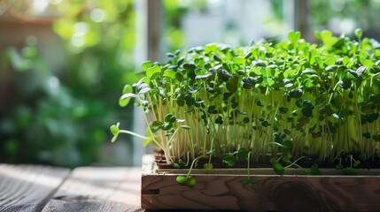 Thriving wooden pot of microgreens in soft sunlight. Modern indoor organic gardening concept. Blurred background of lush green plants.