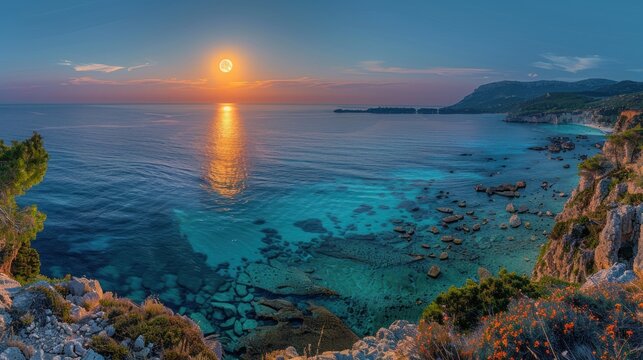 Full Moon Over the Red Sea at sunset.