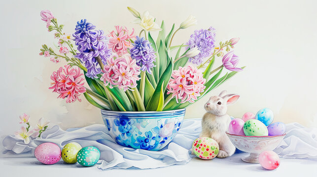 Bright Easter composition. Flowers, painted eggs, and rabbit