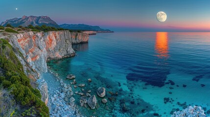 Fototapeta premium Full Moon Over the Red Sea at sunset.