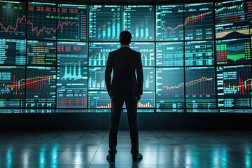 Fototapeta premium Confident businessman analyzing stock market growth and success, standing in front of a digital screen with financial statistics