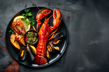 Set of Seafood dishes with lobster and shrimps on dark background. Top view, copy space
