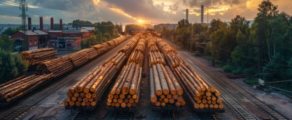 A close-up view of the preparation of logs and tree trunks for rail transportation in the logging industry. Stacks of timber can be seen with workers arranging the logs on train tracks for shipment.