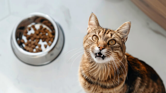 close-up photo of a cat on a white background near a bowl of food