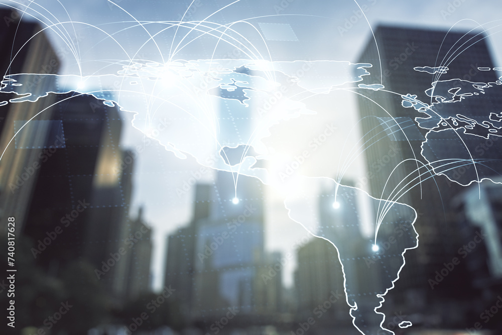 Aufkleber double exposure of abstract digital world map hologram with connections on blurry cityscape backgrou