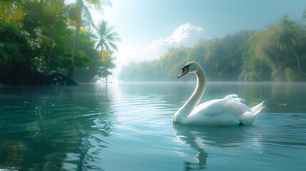 a swan in calm water with a tropical background
