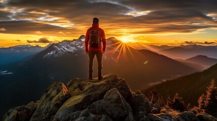 A man on top of the mountain during sunrise, Adventurous man on top of the mountain during a vibrant sunset.