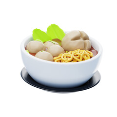 3D Bakso Bowl Indonesian Meatball Delight. 3d illustration, 3d element, 3d rendering. 3d visualization isolated on a transparent background