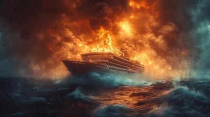 In the midst of a raging storm at sea, a massive passenger ship succumbs to fire and colossal waves, unable to rescue its passengers and crew. - obrazy, fototapety, plakaty