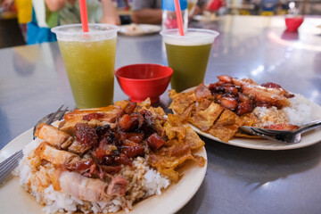 Malacca's Culinary Delight: Authentic Local Street Food featuring Delectable Char Siew, Roast Pork,...
