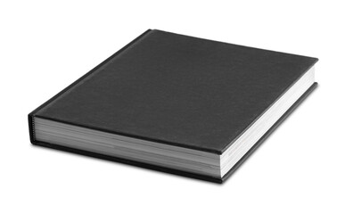 One closed black hardcover book isolated on white