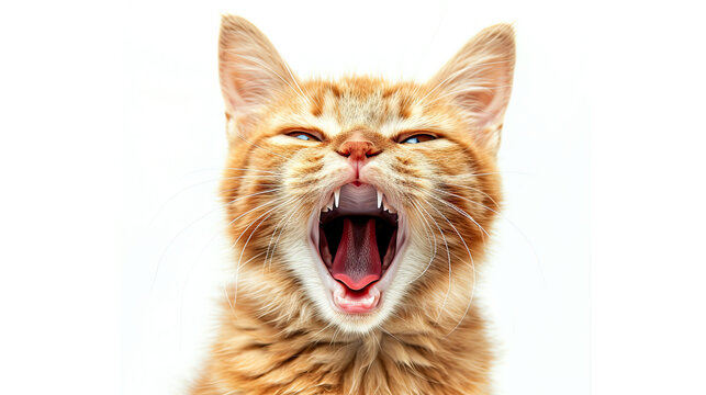 close up orange cat surprised with mouth open isolated on white background