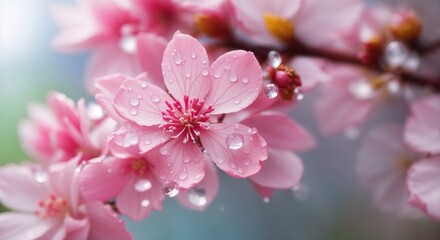 Closeup of dew drops on sakura flower macro photography