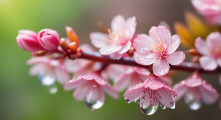 Closeup of dew drops on sakura flower macro photography