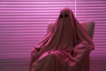 Glamorous ghost. Woman in sheet and sunglasses on armchair in pink light, space for text