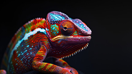 colorful chameleon sitting on black background