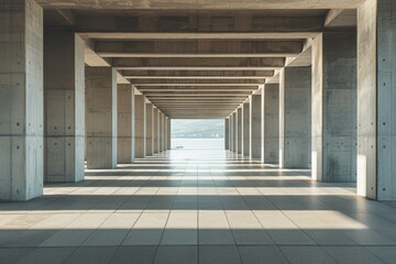 A long tunnel with concrete columns and a marble floor, illuminated by daylight. Long wide corridor of a building with columns in the summer daytime. Copy space.