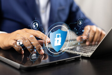 Global network security, Businesspeople safeguard personal data with encryption technology,...
