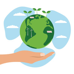 Vector illustration of a human hand holding a globe, solar panels, wind turbines, sprouts and clouds. Saving the Earth, caring for the earth, zero waste eco lifestyle. 