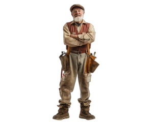 Aged man with a tool belt. Isolated over white background.
