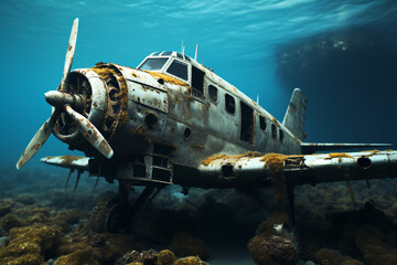 Jake Seaplane Wreck Underwater on Ocean Floor - obrazy, fototapety, plakaty