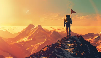 Deurstickers hiker man with red flag on the top of the mountain © The Stock Photo Girl