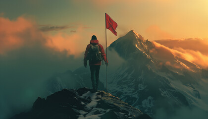hiker man with red flag on the top of the mountain