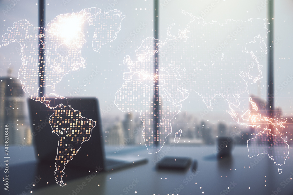 Poster double exposure of abstract digital world map and modern desk with computer on background, big data 