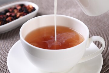 Pouring milk into cup with aromatic tea at table, closeup