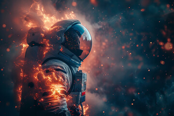 An astronaut in deep reflection amidst the embers of a cosmic blaze.