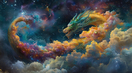 Fototapeta premium A golden dragon winds gracefully through vibrant, cloud-filled skies.