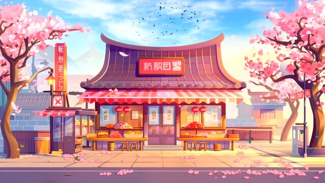 relaxing morning at a city restaurant with cherry blossom trees. Seamless looping 4k time-lapse video animation background