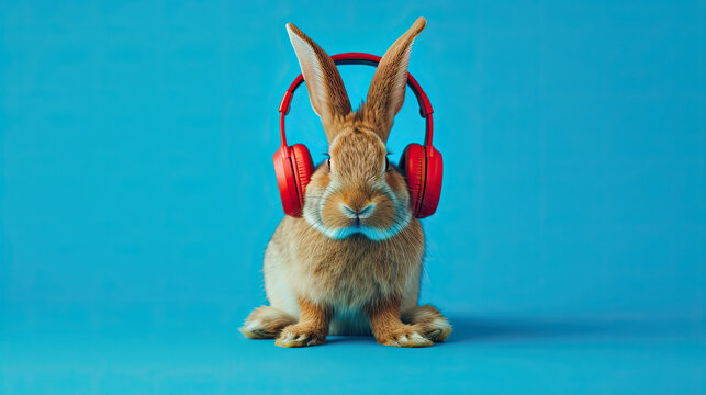 a bunny rabbit wearing headphones isolated on blue background