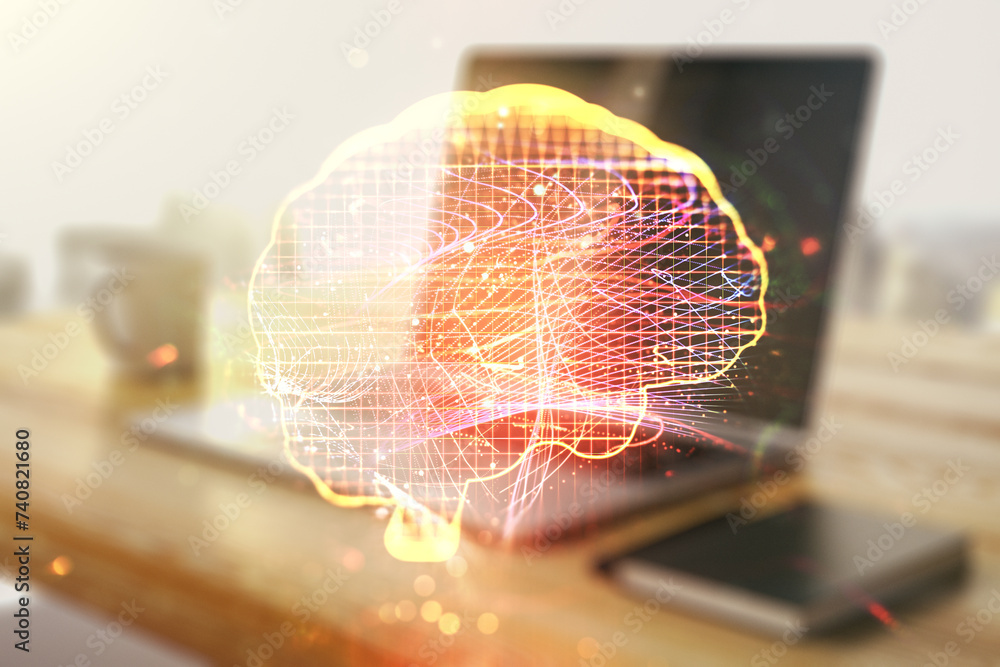 Poster double exposure of creative human brain microcircuit and modern desk with computer on background. fu